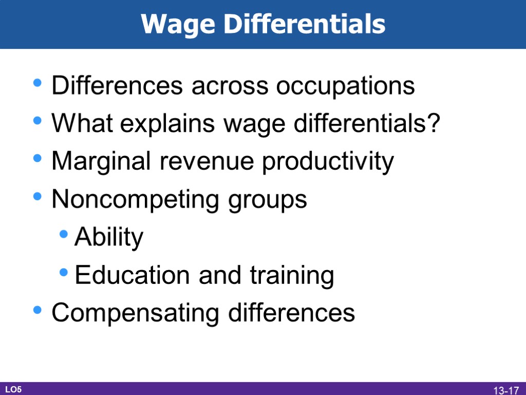 Differences across occupations What explains wage differentials? Marginal revenue productivity Noncompeting groups Ability Education